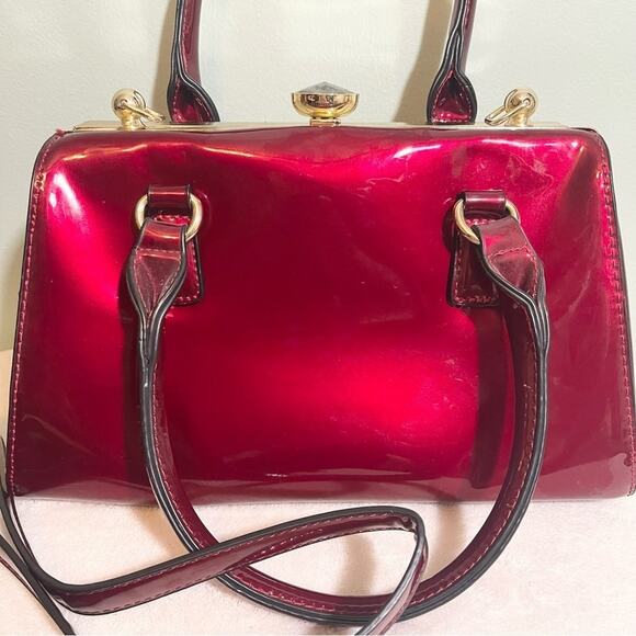 Red Patent Handbag with Rhinestone Closure - Picture 2 of 15